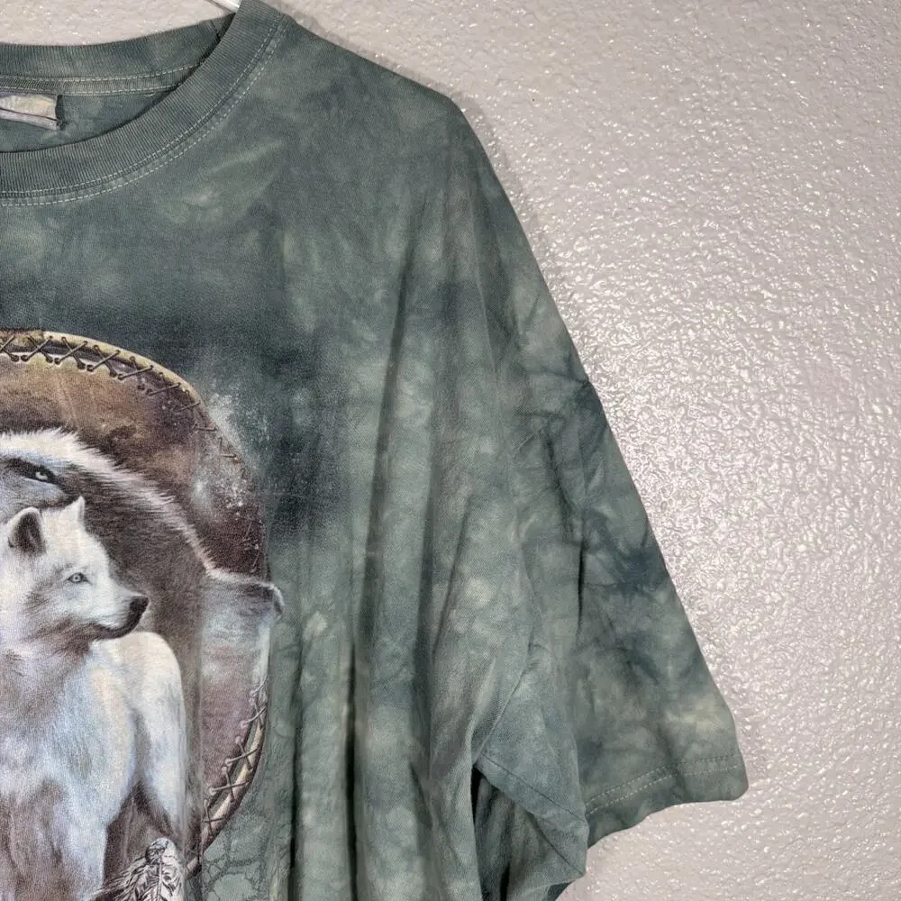Vintage The Mountain Wolf Dreamcatcher Tie Dye Graphic T-Shirt Blue Grey Men 3XL